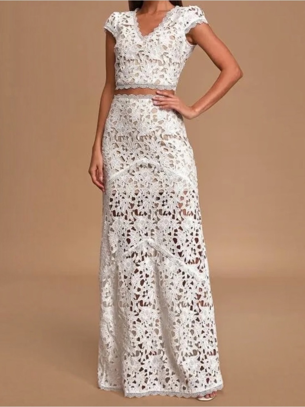 NWT Lulus White Crochet Lace Two-Piece Maxi Dress SZ XL  Wedding Lace